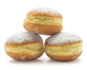 Sufganiyah three traditional doughnut isolated on white background fresh baked with powered sugar without hole.