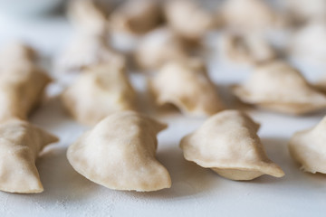 Fototapeta na wymiar Tasty dumplings with potato filling. Making dumplings in the kitchen.