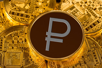 Illustration of Ruble cybercurrency with gold background