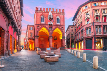 Palazzo della Mercanzia at sunset in Bologna, Emilia-Romagna, Italy