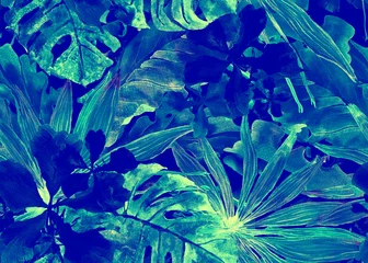 Foto op Plexiglas Donkerblauw Tropisch patroon. Aquarel thailand palm, monstera, hibiscus, bananenboom.