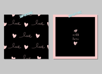Romantic Seamless Pattern with hand written words Love and ink hearts on pink. Happy Valentine s Day concept vector illustration trendy design. Backdrop for wrapping paper, invitations, greeting cards