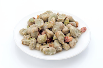 Homemade beans stew with Iberian bacon