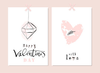 Lovely Abstract Hand Drawn Greeting Cards with traditional symbols of Valentine s Day. Cute cartoon gentle background for invitations, gift tag, wrapping, anniversary, Valentine s days party, wedding