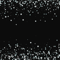 Beautiful falling snow. Scattered border with beautiful falling snow on black background. Fascinating Vector illustration.
