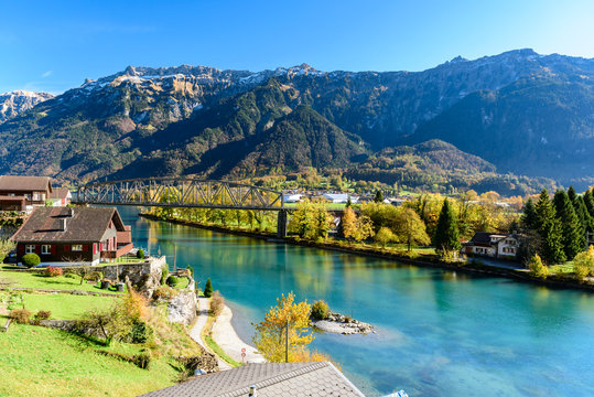 Beatiful river at Interlaken Switzerland in sunny day during autumn.