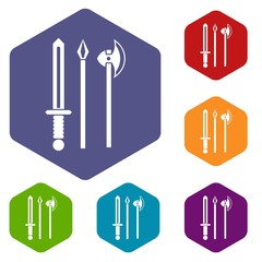 Ancient weapon sword, pick and axe icons set