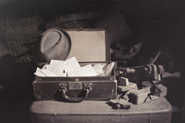 old letters mysterious past story, vintage suitcase with hat