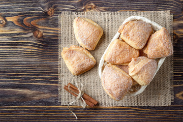 Home made cookies on wooden table. Top view.