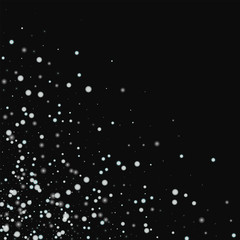 Beautiful falling snow. Scattered bottom left corner with beautiful falling snow on black background. Ravishing Vector illustration.