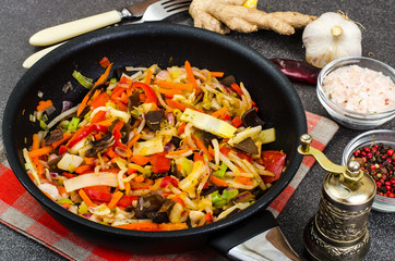 Vegetables with ginger in frying pan