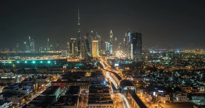 Timelapse of downtown skyline at night