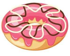 Donut with pink strawberry frosting with white and milk chocolate flower decor. Donut isolated on white background. Vector illustration. Home Interior Design Software Programs. Coreldraw.