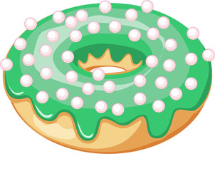 Donut with mint green frosting and pink strawberry ball sprinkles. Donut isolated on white background. Vector illustration. Project management. 3d rendering.