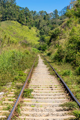 Obraz premium Rail track from the Main Line, a major railway line in the rail network of the country, in the highlands of Sri Lanka. Cross-country it is leading from Colombo to Badulla. The photo is close to Ella