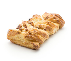 One twist bread isolated on white background with pecan nut and jam inside.