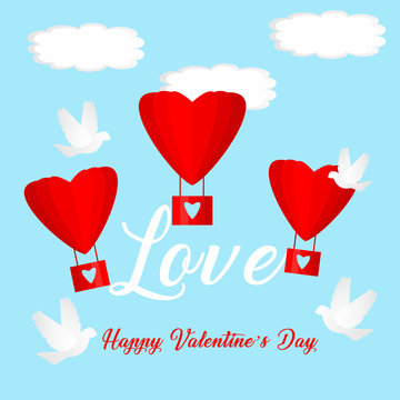 Valentine's day vector illustration.Clouds, pigeons and balloons in form of hearts. With large inscription happy Valentine's day.