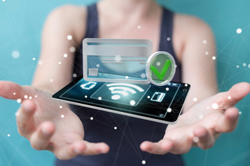 Businesswoman using contactless terminal payment 3D rendering