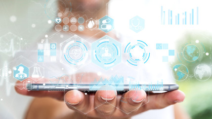 Businessman using digital medical interface 3D rendering