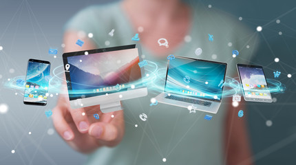 Businessman connecting tech devices and icons applications 3D rendering