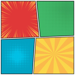 Comics pop art style blank layout template. Explosion, beams and dots pattern background.