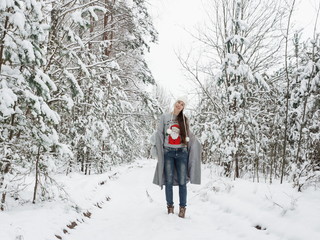 Naklejka premium Cute and happy girl in a beautiful snowy forest