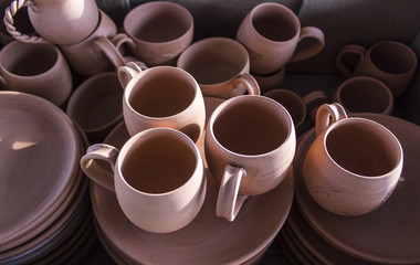Close-up shot for batch of traditional turkish coffee handmade cup design from clay