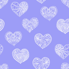 Obraz na płótnie Canvas Vector seamless pattern from doodle hand drawn heart. White hearts on violet background. Background for Saint Valentines Day. Symbol of love. Heart in zentangle style.