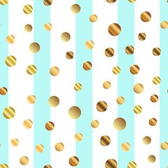 Golden dots seamless pattern on blue striped background. Gorgeous gradient golden dots endless random scattered confetti on blue striped background. Confetti fall chaotic decor.