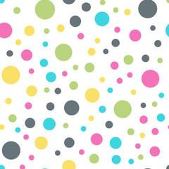 Colorful polka dots seamless pattern on white 10 background. Surprising classic colorful polka dots textile pattern. Seamless scattered confetti fall chaotic decor. Abstract vector illustration.