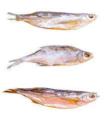 Three dried fish Osmeridae isolated on white background.