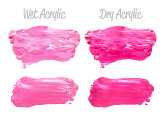 Vector pink paint smear stroke stain set. Abstract pink glittering textured art illustration. Acrylic Texture Paint Stain Illustration. Hand drawn brush strokes vector elements. Acrilyc strokes.