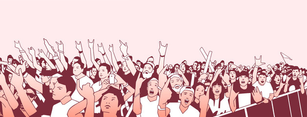 Illustration of large crowd of people cheering at concert with raised hands in color