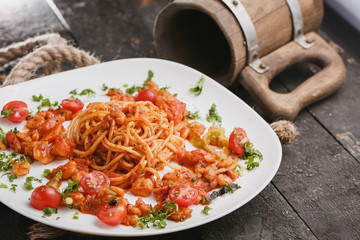Pasta with meat, tomato sauce and vegetables