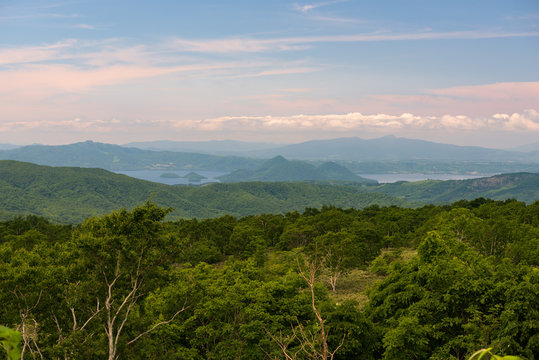 Panoramic views on beautiful clear mountain lakes of Shikotsu-Toya National Park, Hokkaido, Japan