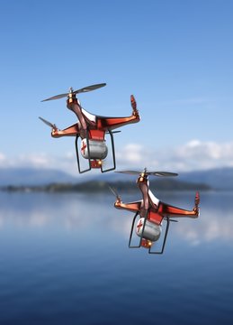 Emergency drones flying over sea