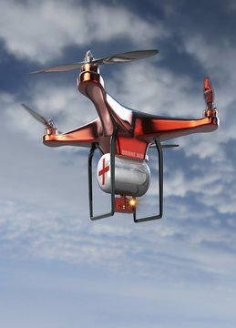 Emergency drone flying against cloudy sky