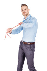 businessman holding a knot of rope on white background. People and business concept