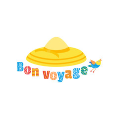 Tourist travel icon. Have a nice trip - Bon Voyage in French. Fancy colorful letters. Women Summer hat. Girl beach sunhat flat cartoon. Lady hat for vacation sign. Holiday tour retro vector background