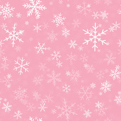 White snowflakes seamless pattern on pink Christmas background. Chaotic scattered white snowflakes. Exquisite Christmas creative pattern. Vector illustration.