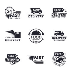Set of delivery labels for online shopping. Worldwide shipping. Signs and labels free delivery in black color. Fast delivery logotype. Delivery service icons. Food delivery design