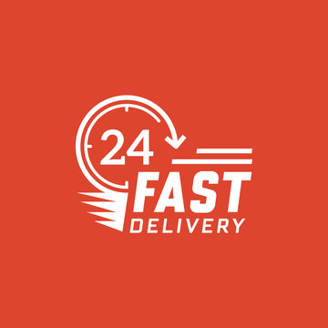 Fast delivery 24 hour on red background. Delivery label for online shopping. Worldwide shipping. Vector illustration