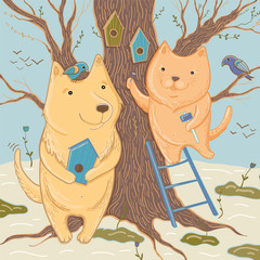 Сute dog and cat make birdhouses. Vector illustration