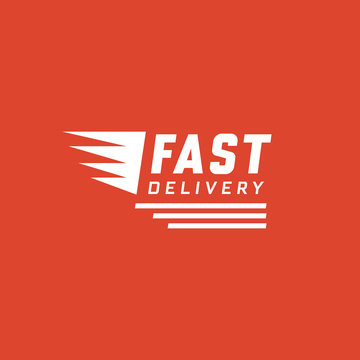 Fast delivery design on red background. Delivery label for online shopping. Worldwide shipping. Vector illustration