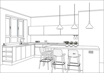 3D vector sketch. Modern kitchen design in home interior. Kitchen sketch with decorations and appliances. Project management. Pendant lights. Lines, projection. Home Interior Design Software Programs.