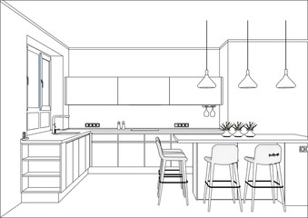 3D vector sketch. Modern kitchen design in home interior. Kitchen sketch with decorations and appliances. Kitchen island in the room. Project management. Pendant lights. Lines, projection, style.