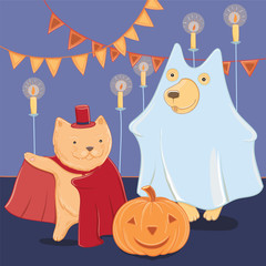 Vector funny dog and cat in halloween costumes