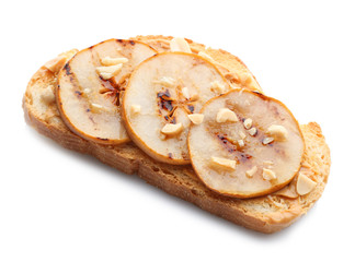 Tasty toast with peanut butter and grilled pear on white background