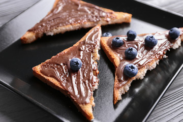 Tasty toasts with chocolate spread and blueberry on plate, closeup