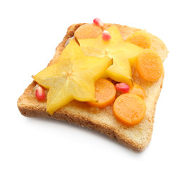 Tasty toast with jam and fruits on white background